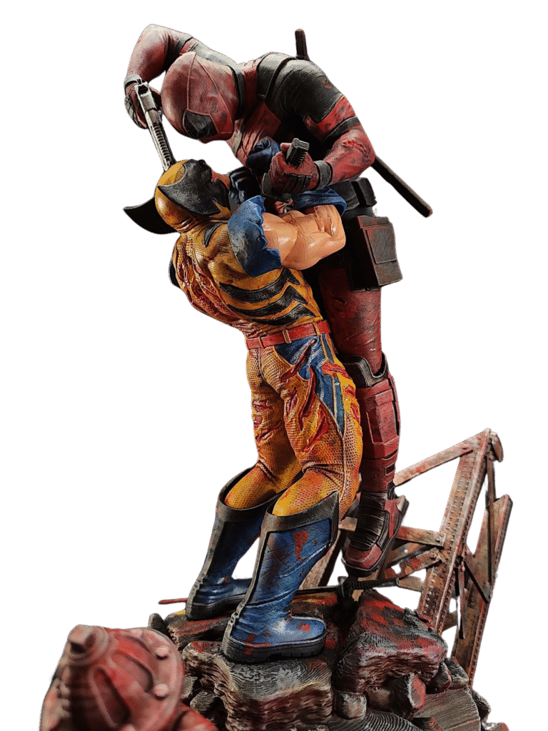 Dynamic Deadpool vs Wolverine diorama with sharp details, intense poses, and vivid paint finish