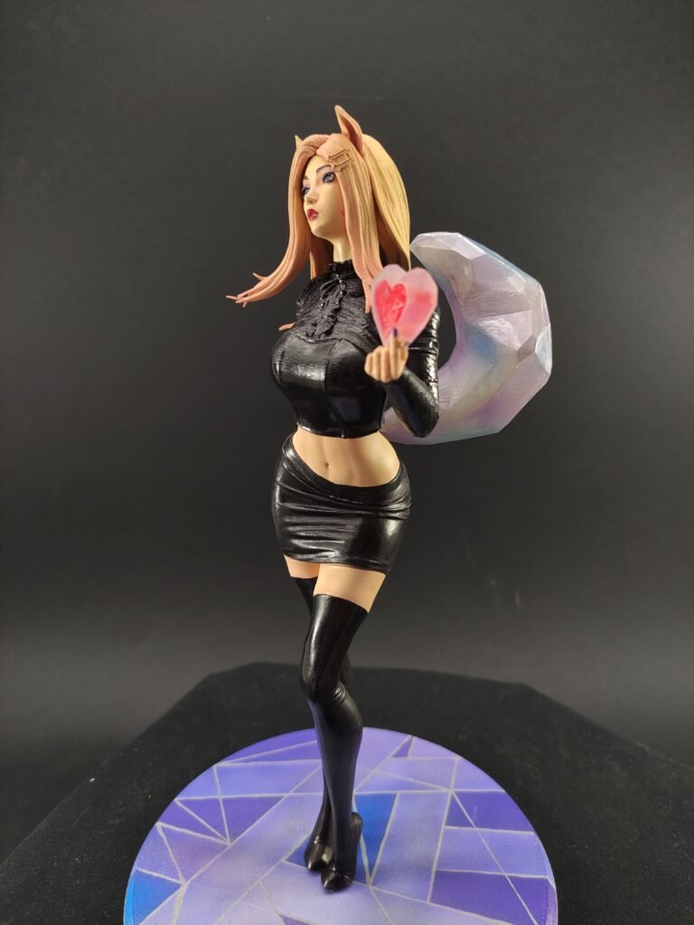 Side view of resin statue highlighting magical orb and flowing hair