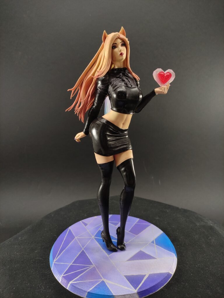 Full-body shot of Ahri resin figure in spellcasting pose with swirling tails