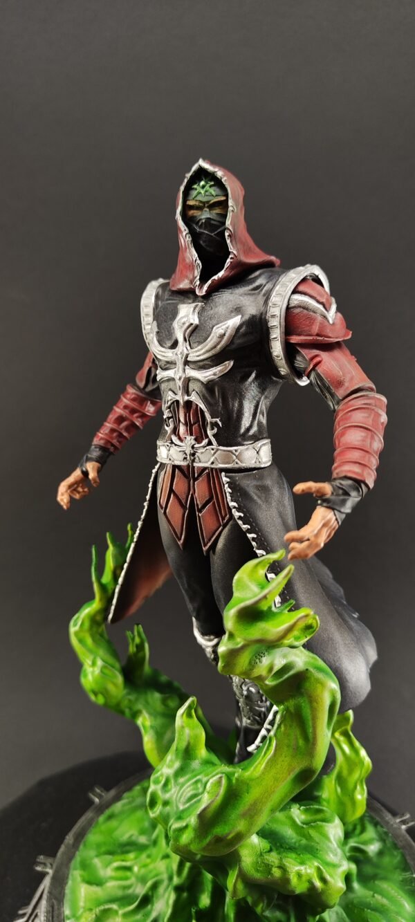 Close-up of Ermac’s glowing eyes and sculpted mask with shadow details