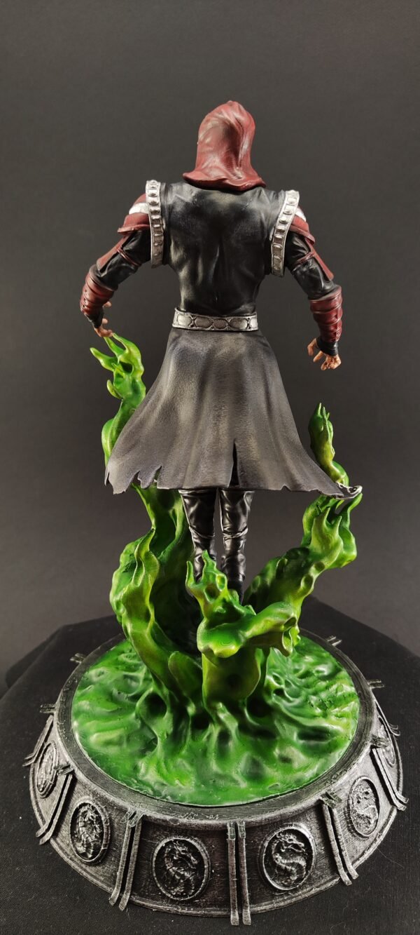Back view of Ermac statue highlighting hood folds and cloak texture
