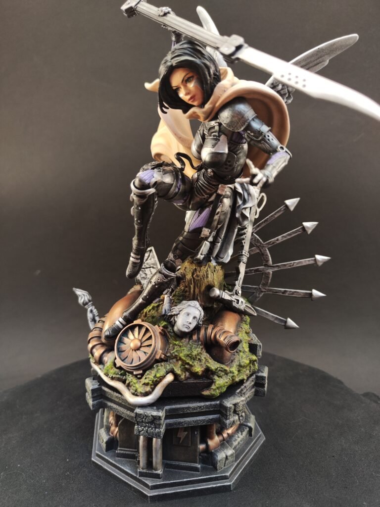 Hand-painted resin figure of cybernetic heroine posed in dynamic sci-fi battle stance