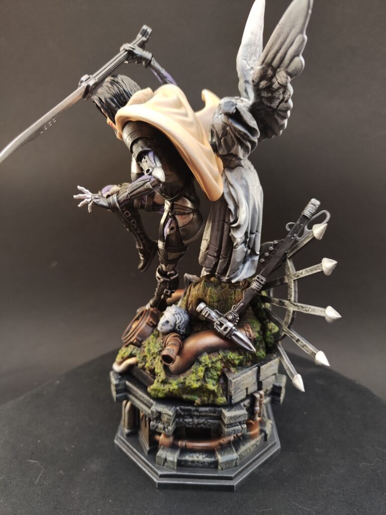 Painted cyber-warrior figure standing with confidence, inspired by futuristic combat