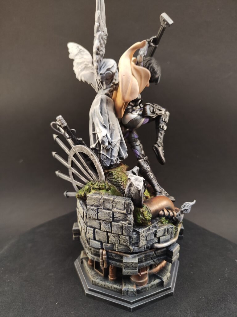 Dynamic pose of hand-crafted resin figure featuring cybernetic warrior details