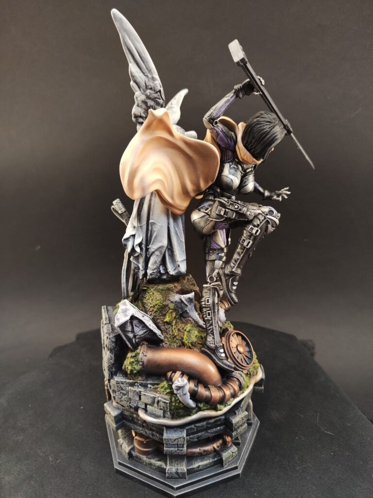 Side view of armored female fighter inspired by sci-fi action, painted with precision