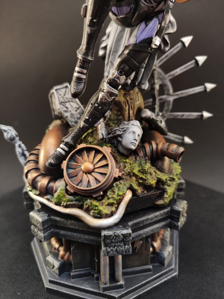 Resin statue of battle-ready character with detailed suit and cybernetic enhancements