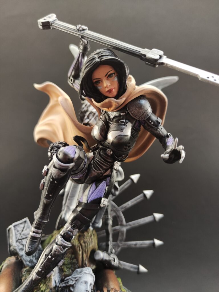 lose-up of painted female cyber-warrior with detailed armor and expressive eyes