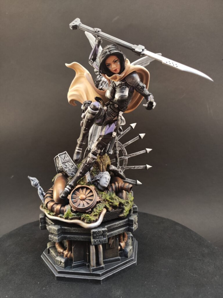 Painted collectible of futuristic heroine with mechanical limbs and fierce expression