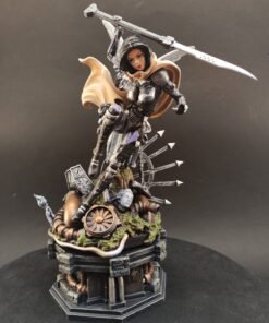 Painted collectible of futuristic heroine with mechanical limbs and fierce expression