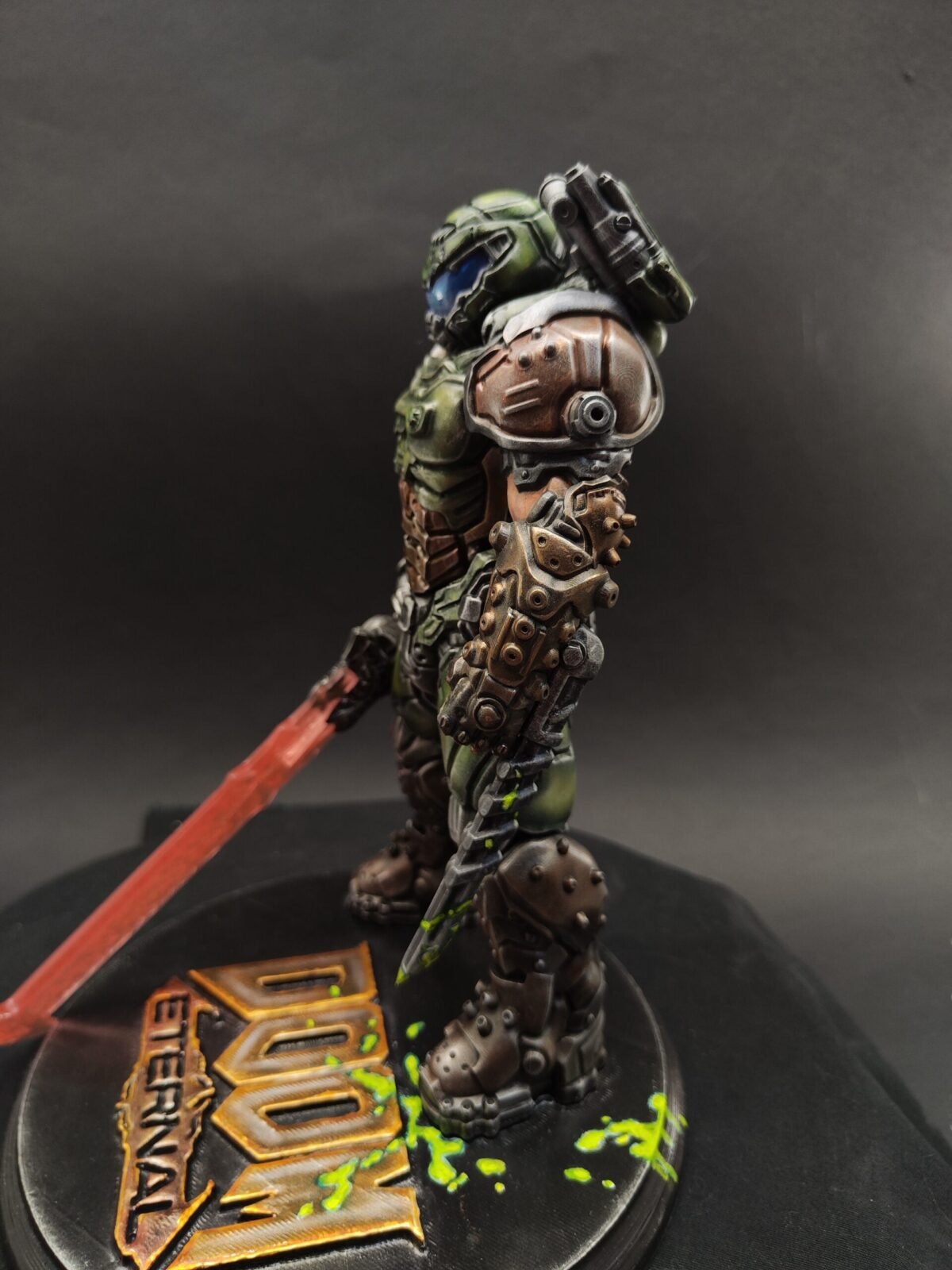Left profile of futuristic warrior with arm extended and detailed armor plates