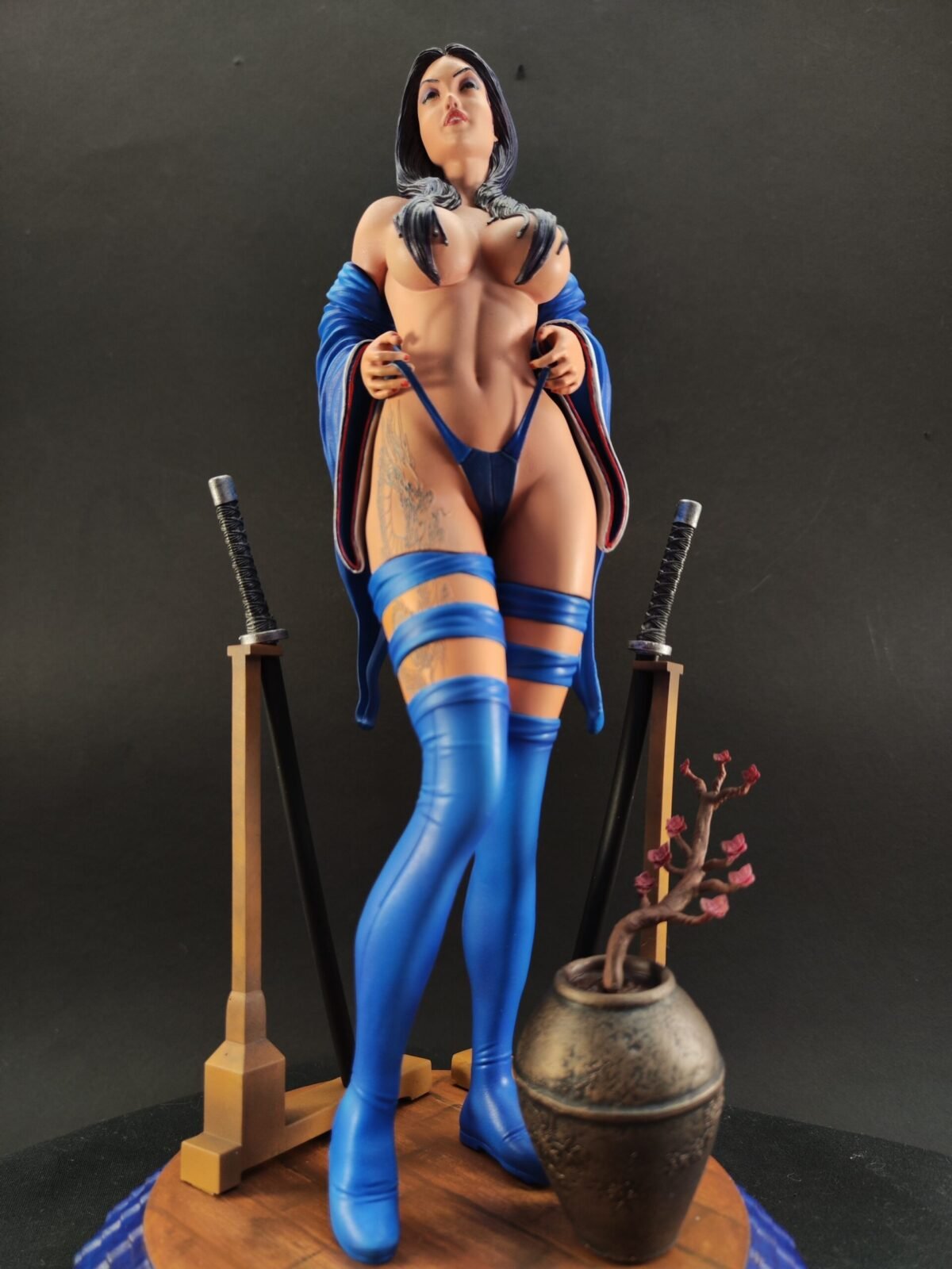 Dynamic pose with swords raised, showing hand-painted fusion of styles