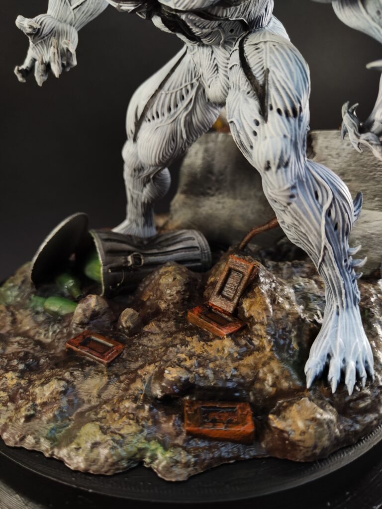 Low angle of Anti-Venom resin statue showing aggressive stance and contrast paint