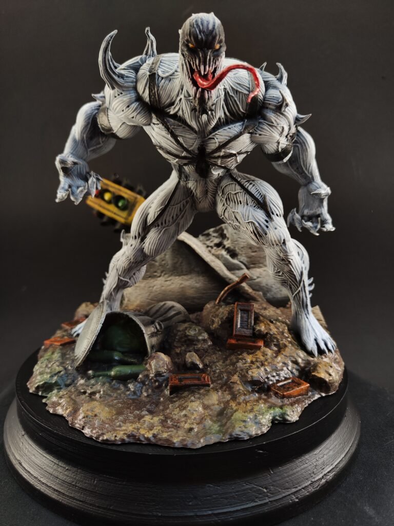 Full view of hand-painted Anti-Venom resin figure with white body and black details