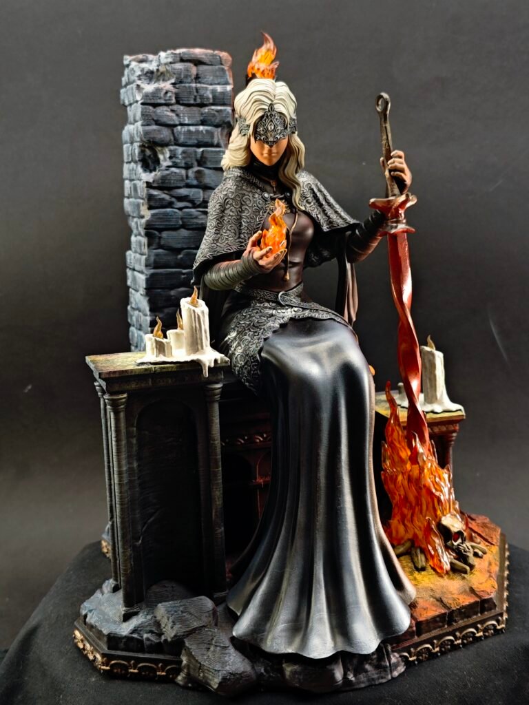 Shadowed side view of Fire Keeper’s pose and detailed base effect