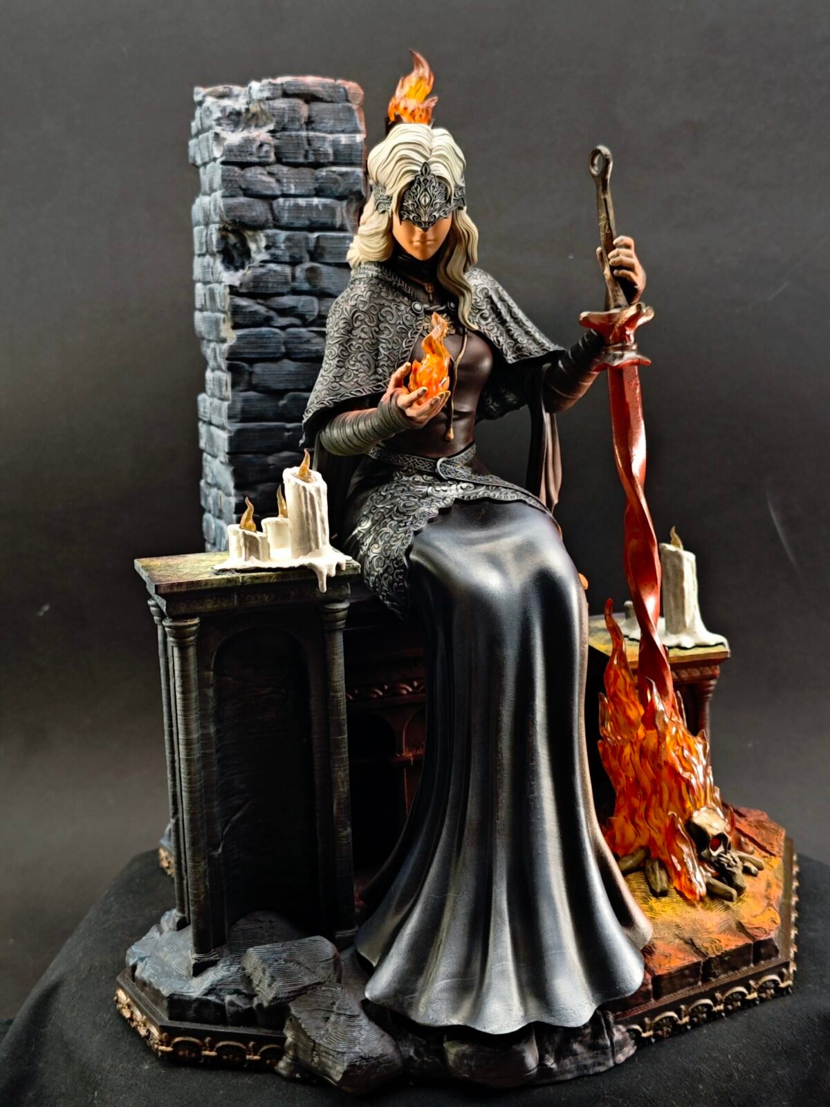 Shadowed side view of Fire Keeper’s pose and detailed base effect