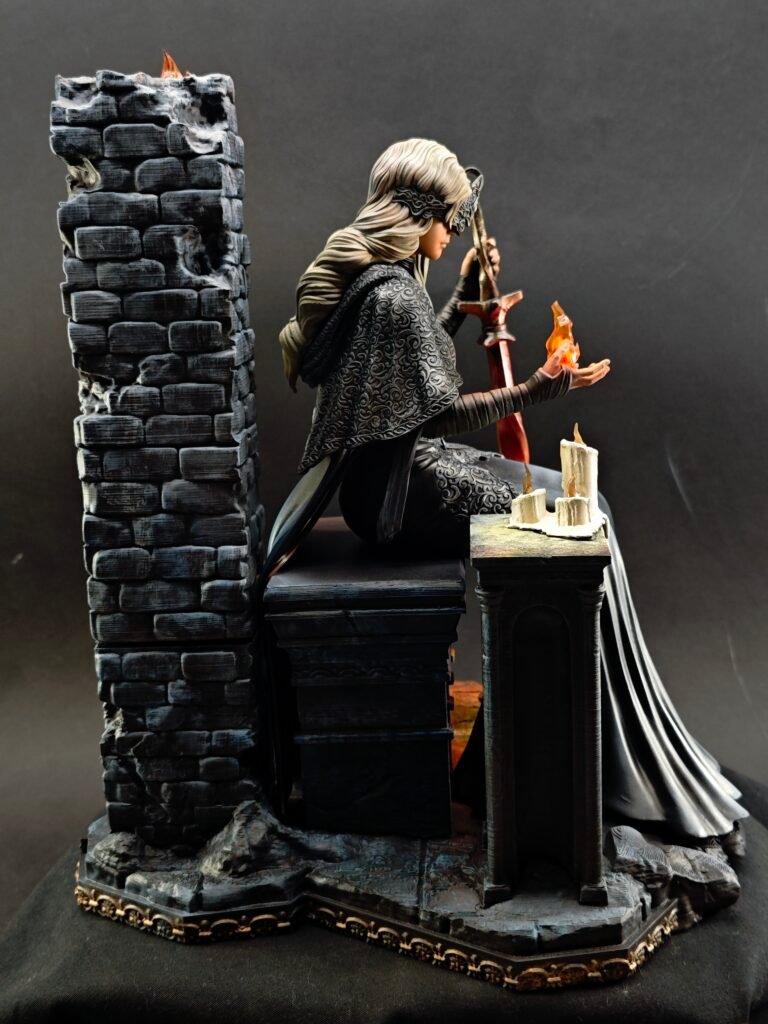 Right side angle of cloaked Fire Keeper holding fire with subtle lighting detail