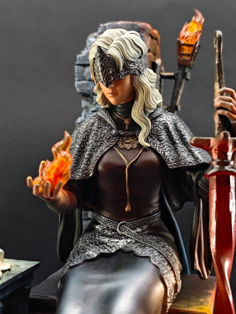 Dynamic front angle of Fire Keeper figure with fire held in both hands