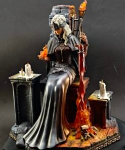Full view of Fire Keeper resin figure with hooded cloak and glowing fire base