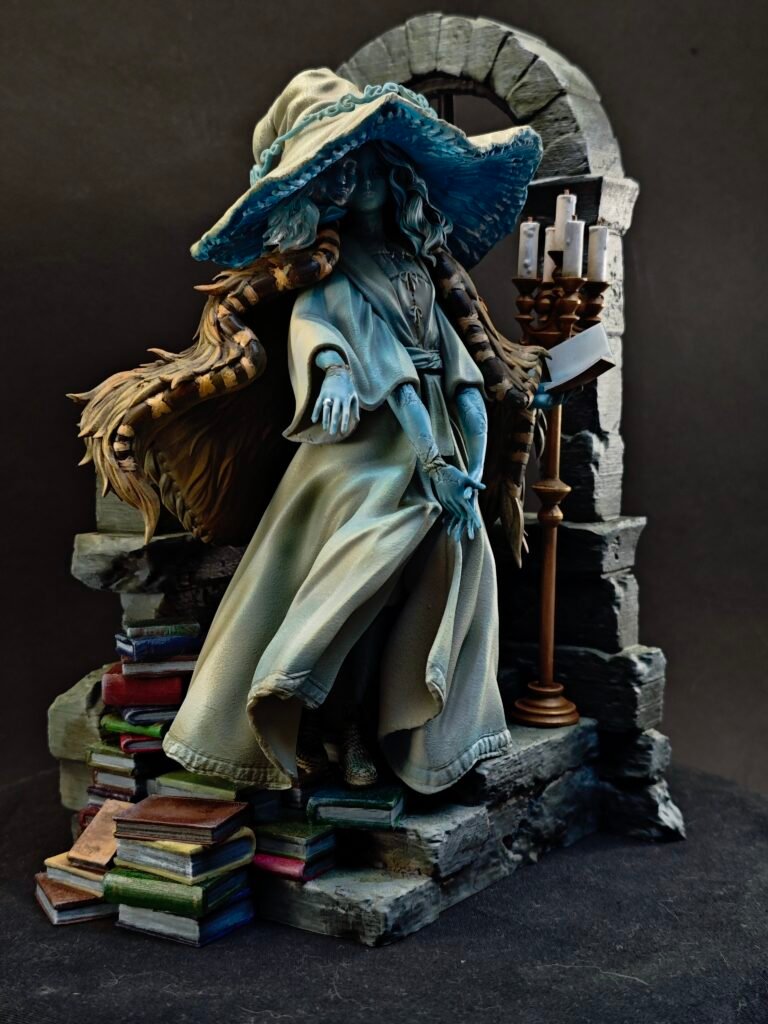 Low angled shot of Ranni holding posture with sculpted details and calm energy