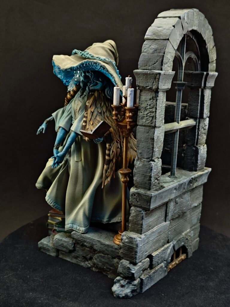 Left profile showing extended hand pose and detailed robe texture
