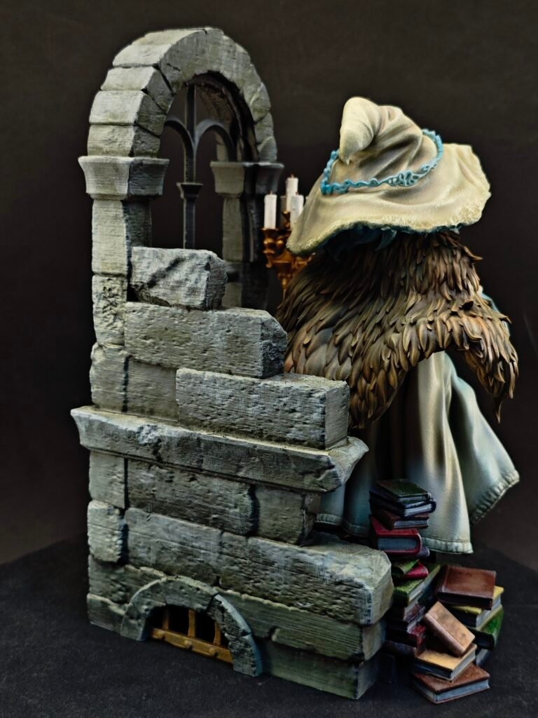 Three-quarter angle with hat shadowing face and arm posed outward