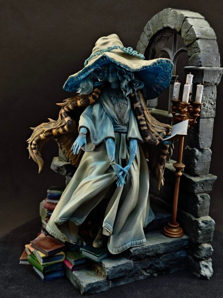 Full-body view of Ranni in calm pose with ornate base and soft color tones