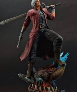 Full-body Dante statue with sword drawn and coat in motion
