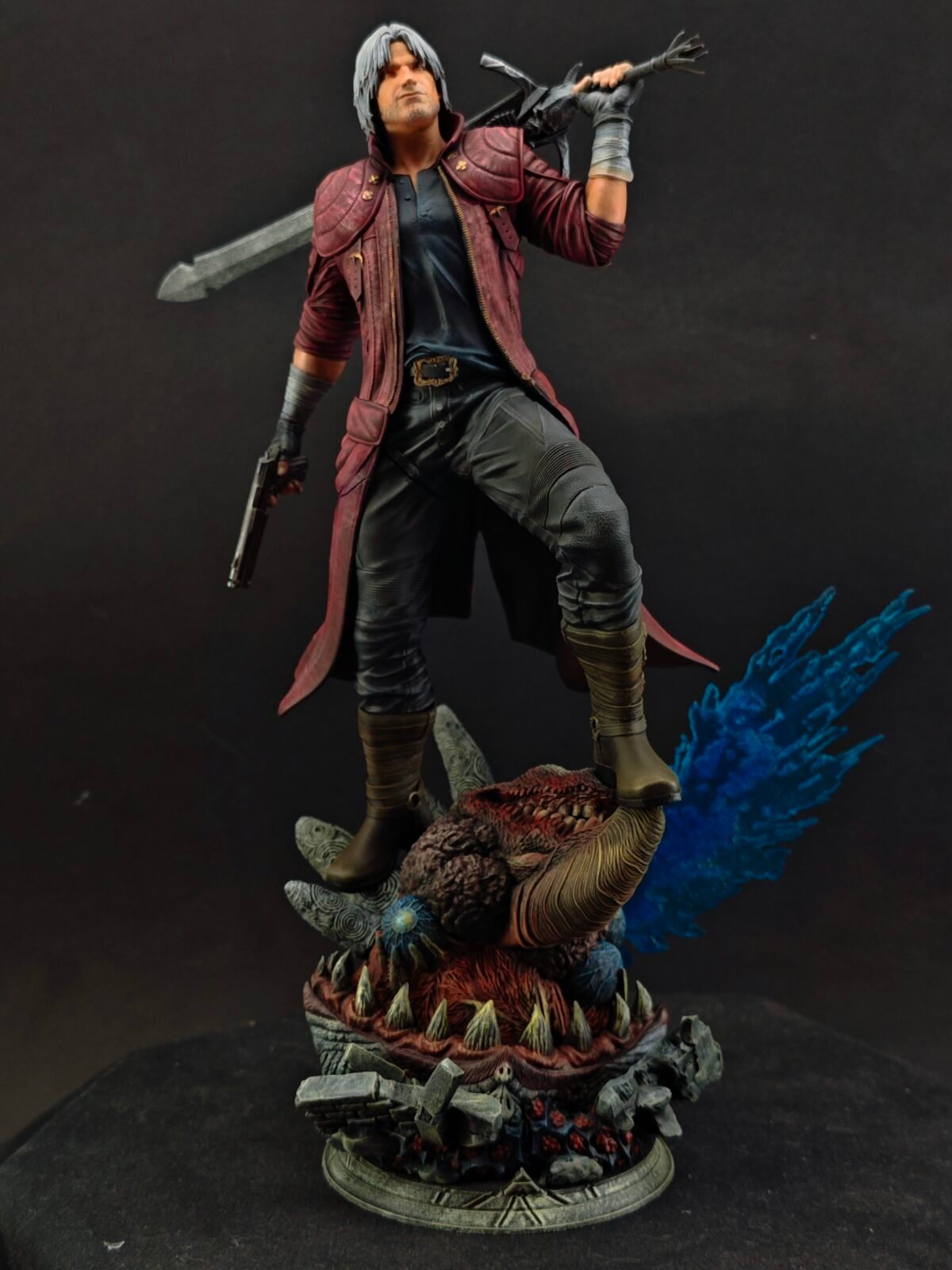 Low angle shot showing Dante’s stance and blade presence