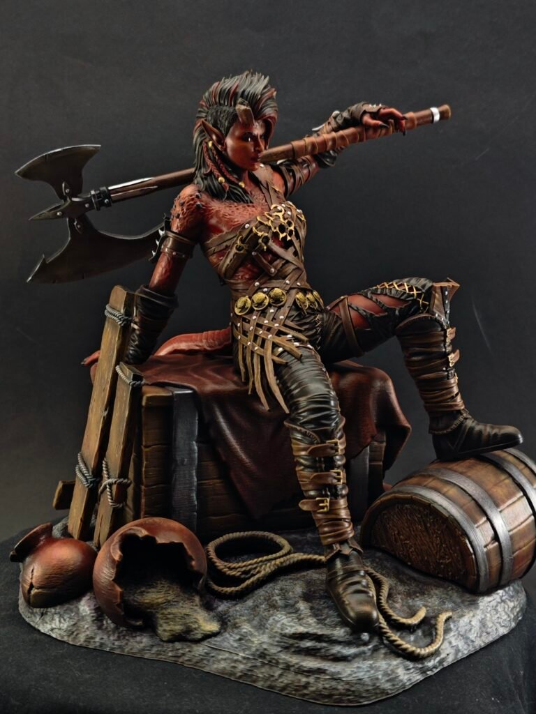 Dynamic pose of infernal warrior figure mid-motion on rock-like base