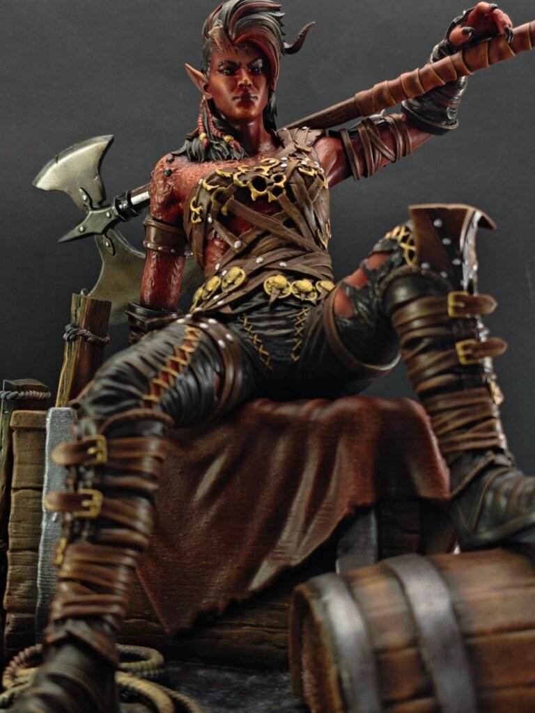 Three-quarter angle of Karlach with glowing chest and aggressive stance