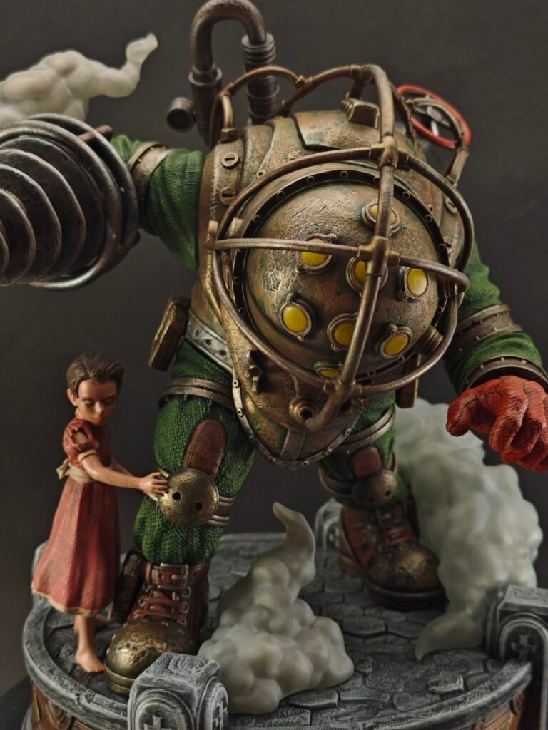 Three-quarter view of duo posed on Rapture-themed base
