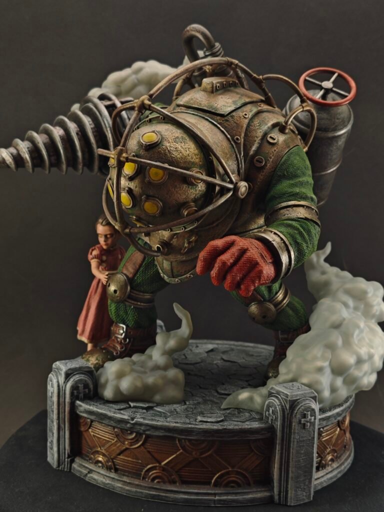 Detail of Big Daddy’s glowing helmet and metallic surface