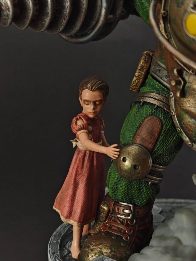 Low angle of Little Sister holding ADAM injector