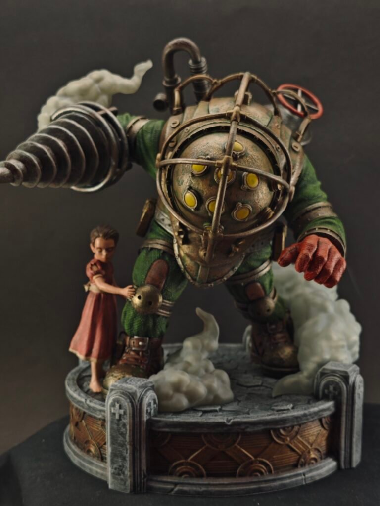 Full-body resin statue of Big Daddy with Little Sister by his side