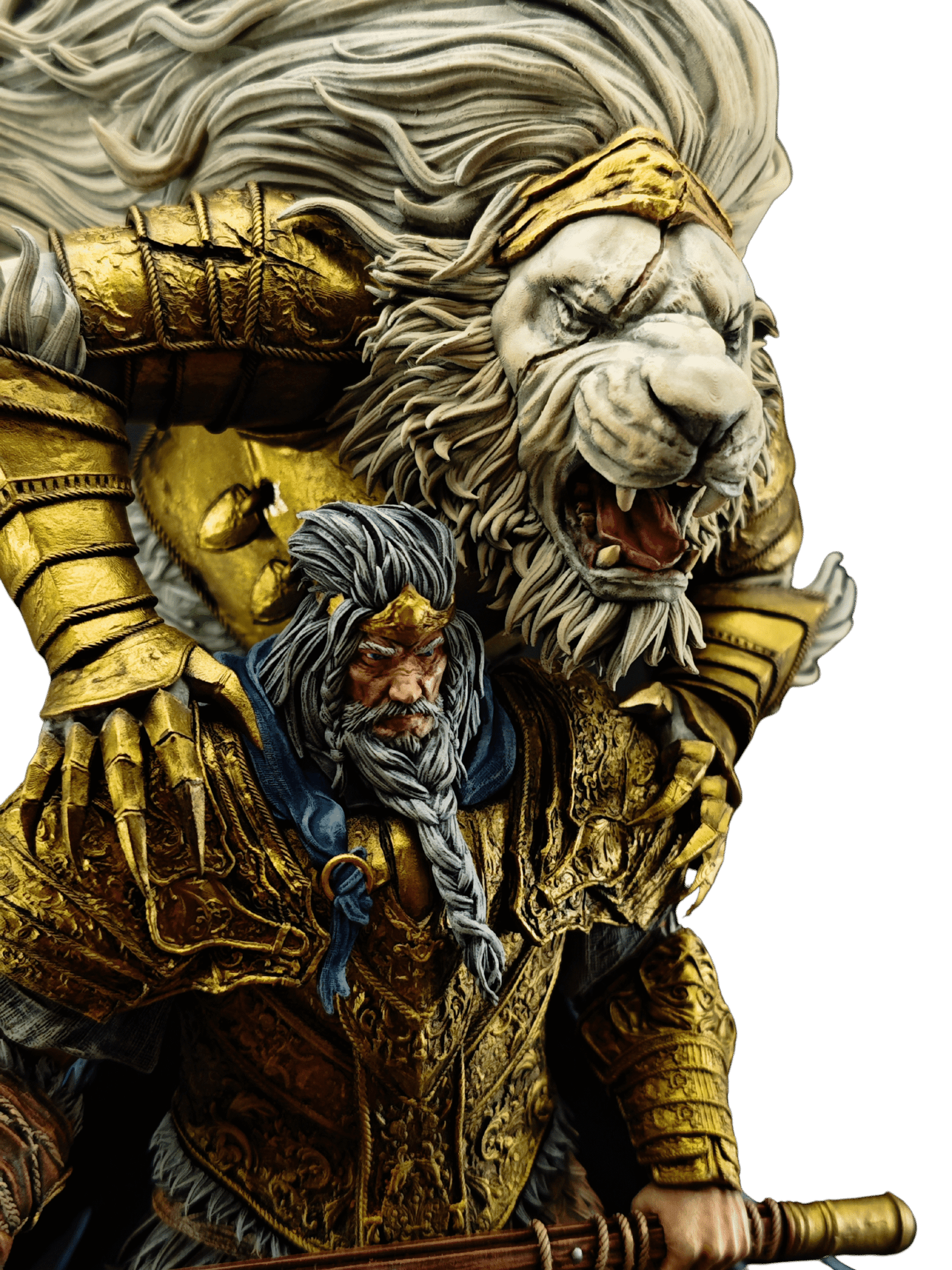 Resin figure of a warrior carrying a roaring lion, hand-painted with gold armor and rugged texture.