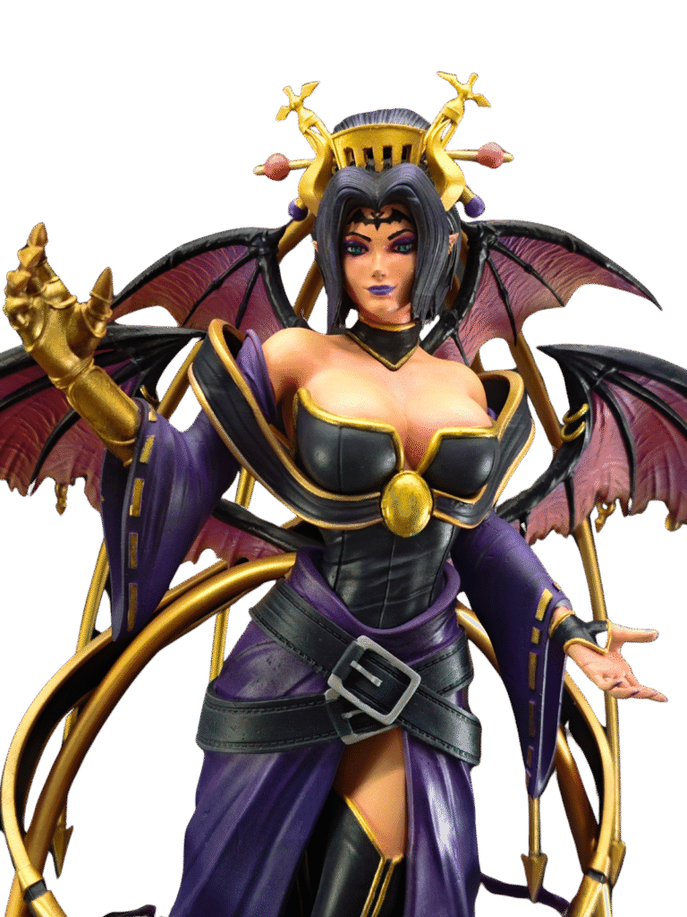 Dark fantasy resin statue of a demon queen with wings and crown, painted with deep purples and gold details.