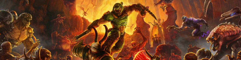 Hand-painted Eternal Doom resin statue with glowing eyes, dark armor, and airbrushed lava base.