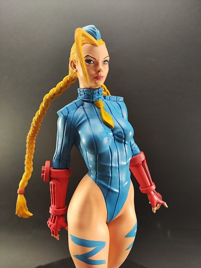 Side view highlighting muscle definition and twin braids