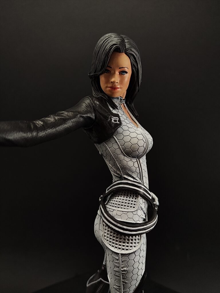 Angled front shot showing hand-painted bodysuit and sculpted hair detail