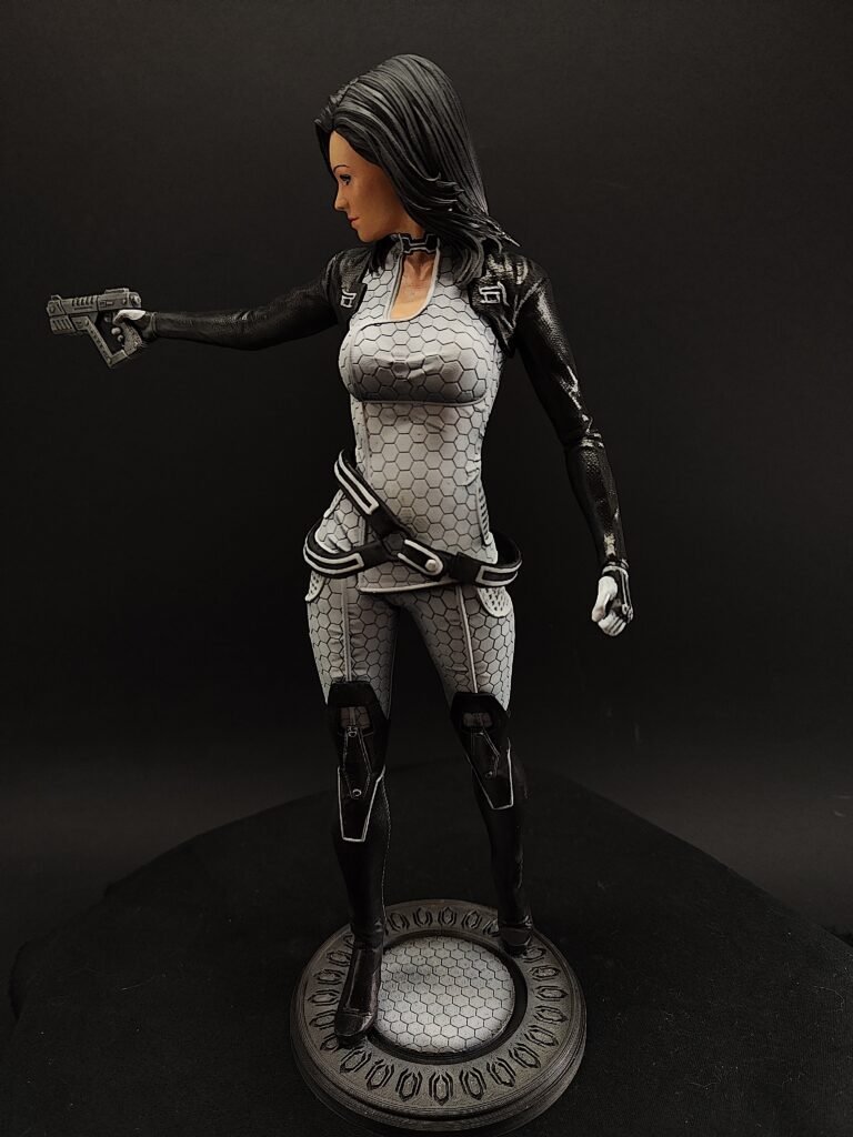 Side shot highlighting leg armor sculpt and subtle biotic glow effect