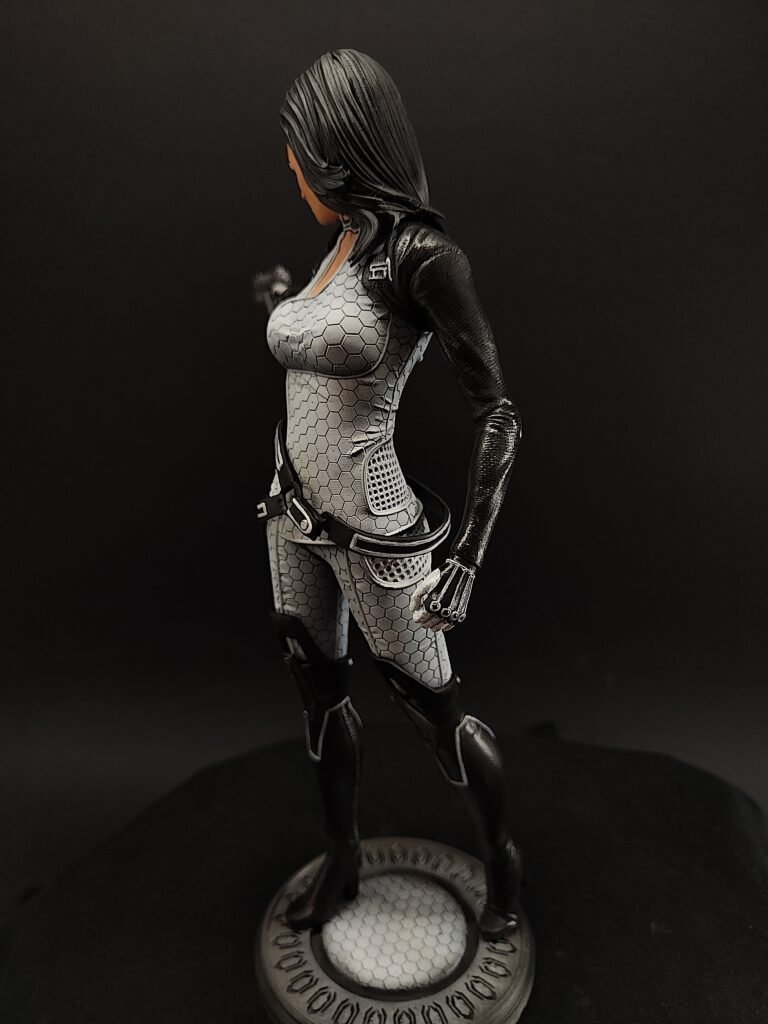 Dynamic angle showing curves, suit texture, and facial expression