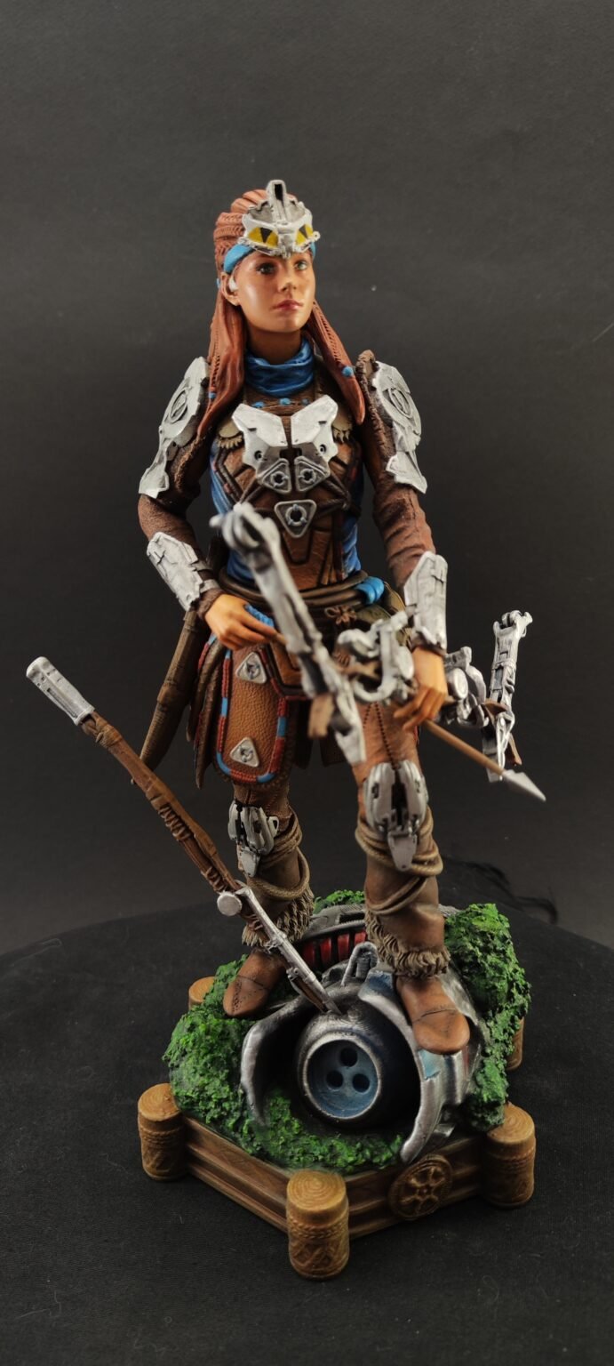 Full-body shot of Aloy resin figure in dynamic hunting pose with bow