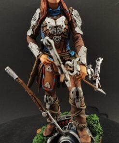 Full-body shot of Aloy resin figure in dynamic hunting pose with bow