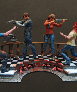 Leon and Claire resin figure in back-to-back combat stance with zombies approaching from behind