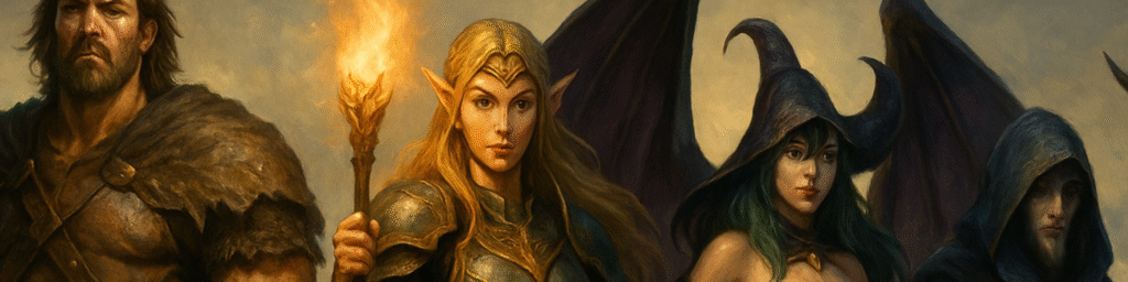 Four original fantasy characters standing in epic pose with magical backgrounds, painted in semi-realistic style.